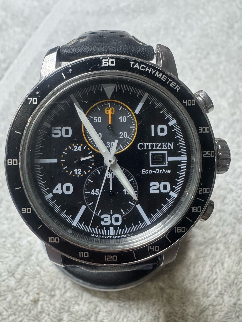 Citizen Black Dial Men's Chronograph Eco-Drive Watch with Yellow Accents